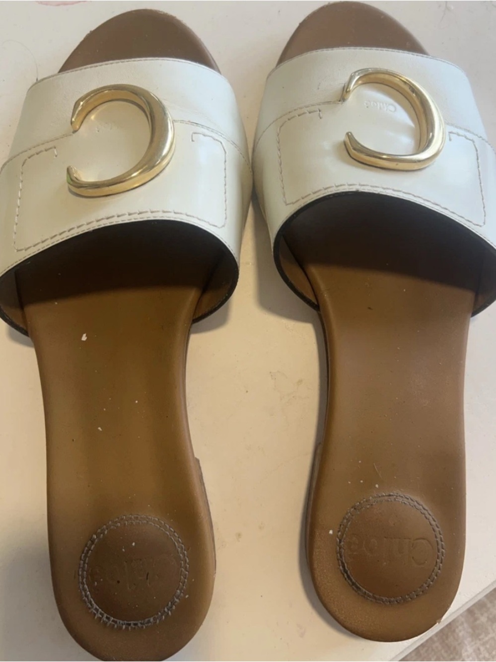Chloe White Leather Slide Sandals with Gold 'C' Accent- 39.5